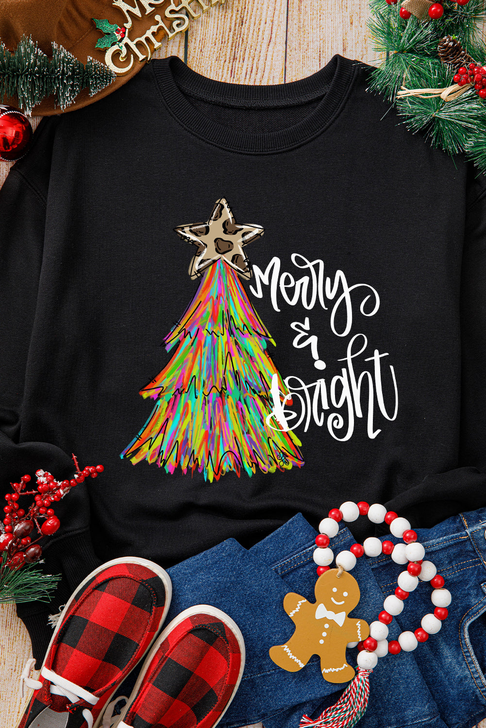 Black Merry & Bright Christmas Tree Graphic Sweatshirt Graphic Sweatshirts JT's Designer Fashion