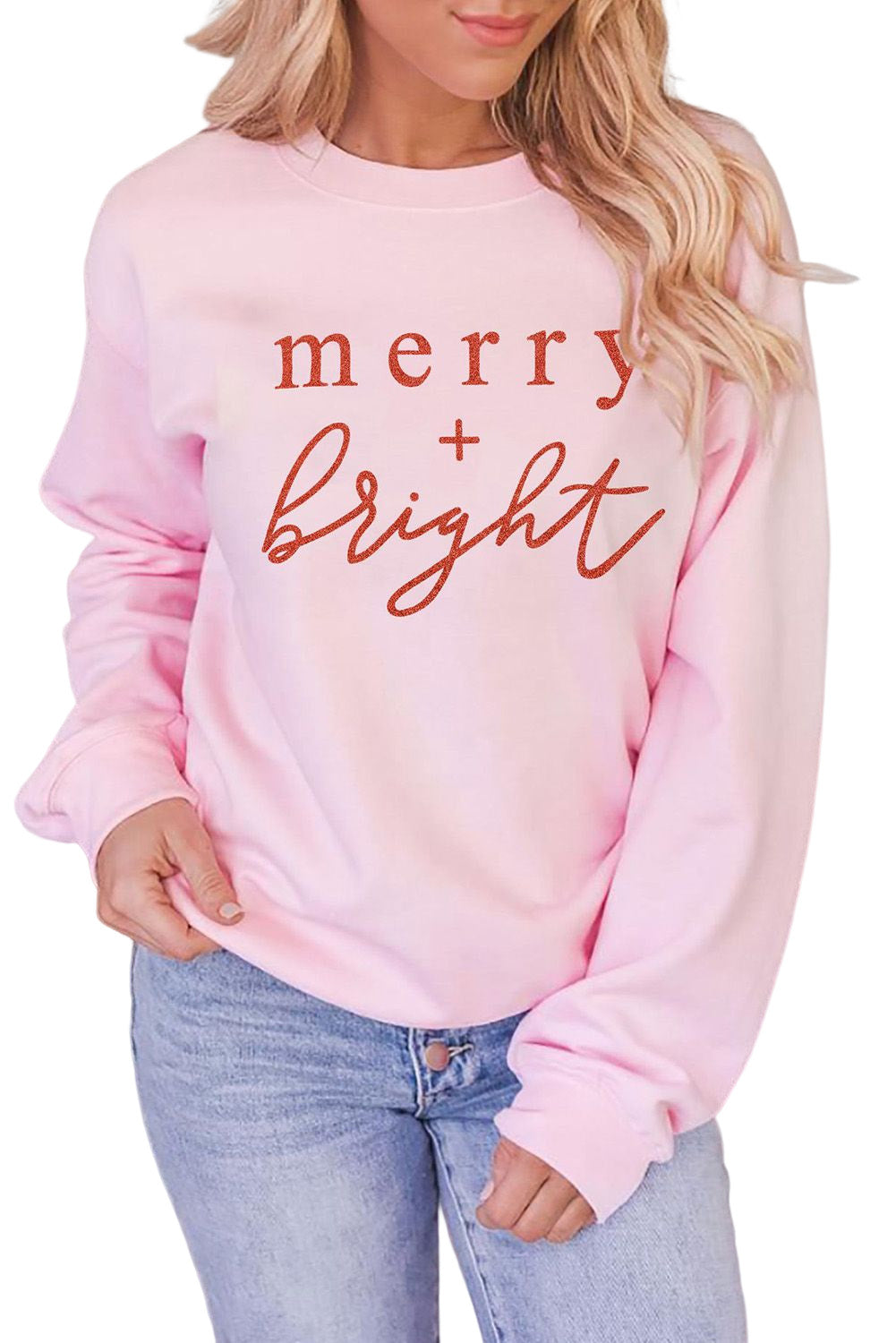 Pink Merry Bright Glitter Pattern Print Crew Neck Sweatshirt Graphic Sweatshirts JT's Designer Fashion