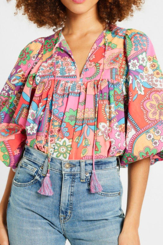 Printed Tie Neck Three-Quarter Sleeve Blouse Floral Blouses & Shirts JT's Designer Fashion