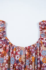 Red Floral Puff Sleeve Square Neck Knot Open Back Mini Dress Floral Dresses JT's Designer Fashion