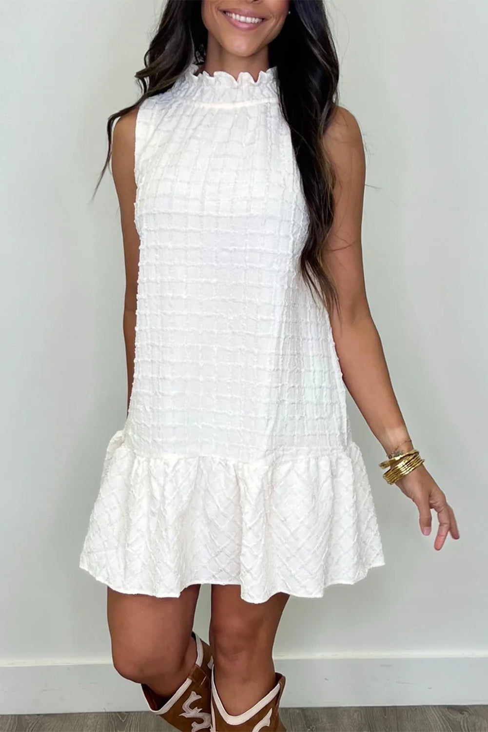 White Textured Frilled High Neck Sleeveless Ruffled Mini Dress Mini Dresses JT's Designer Fashion