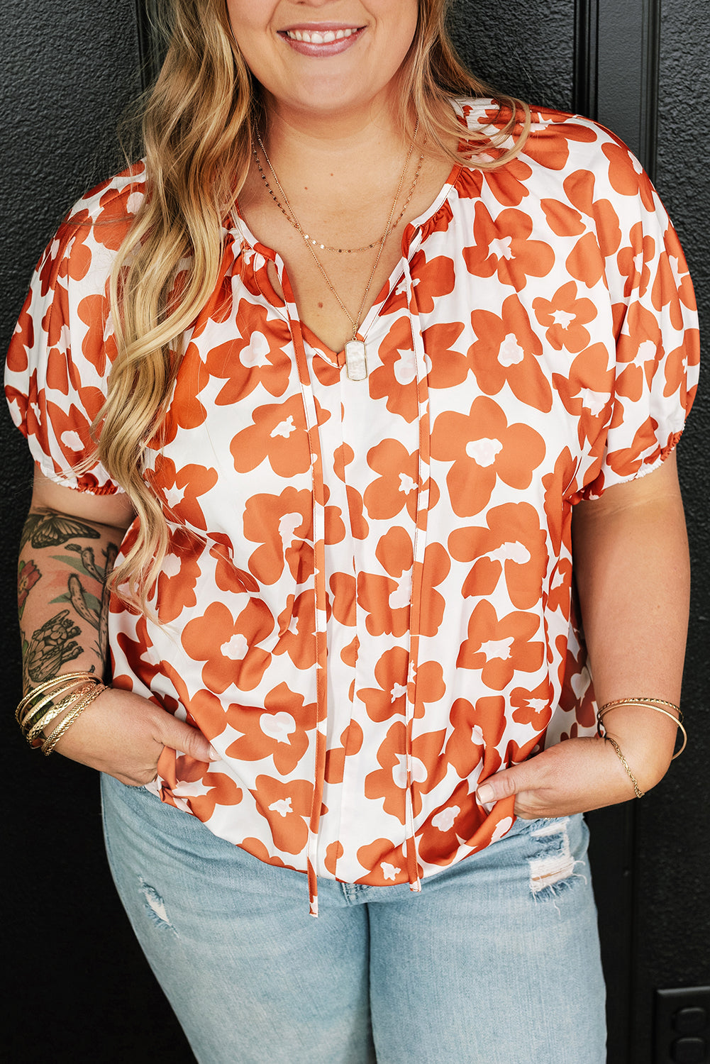 Orange Plus Size Floral Print Drawstring V Neck Short Sleeve Blouse Plus Size JT's Designer Fashion