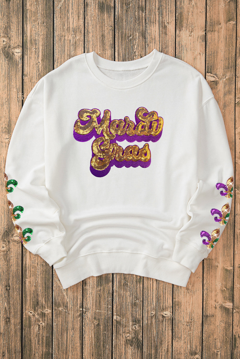 Beige Sequin Mardi Gras Patched Pattern Fleur de Lis Sleeve Sweatshirt Graphic Sweatshirts JT's Designer Fashion