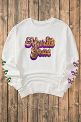 Beige Sequin Mardi Gras Patched Pattern Fleur de Lis Sleeve Sweatshirt Graphic Sweatshirts JT's Designer Fashion