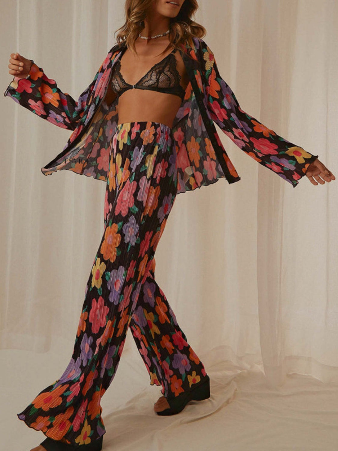 Printed Collared Neck Long Sleeve Top and Pants Lounge Set Sleepwear JT's Designer Fashion