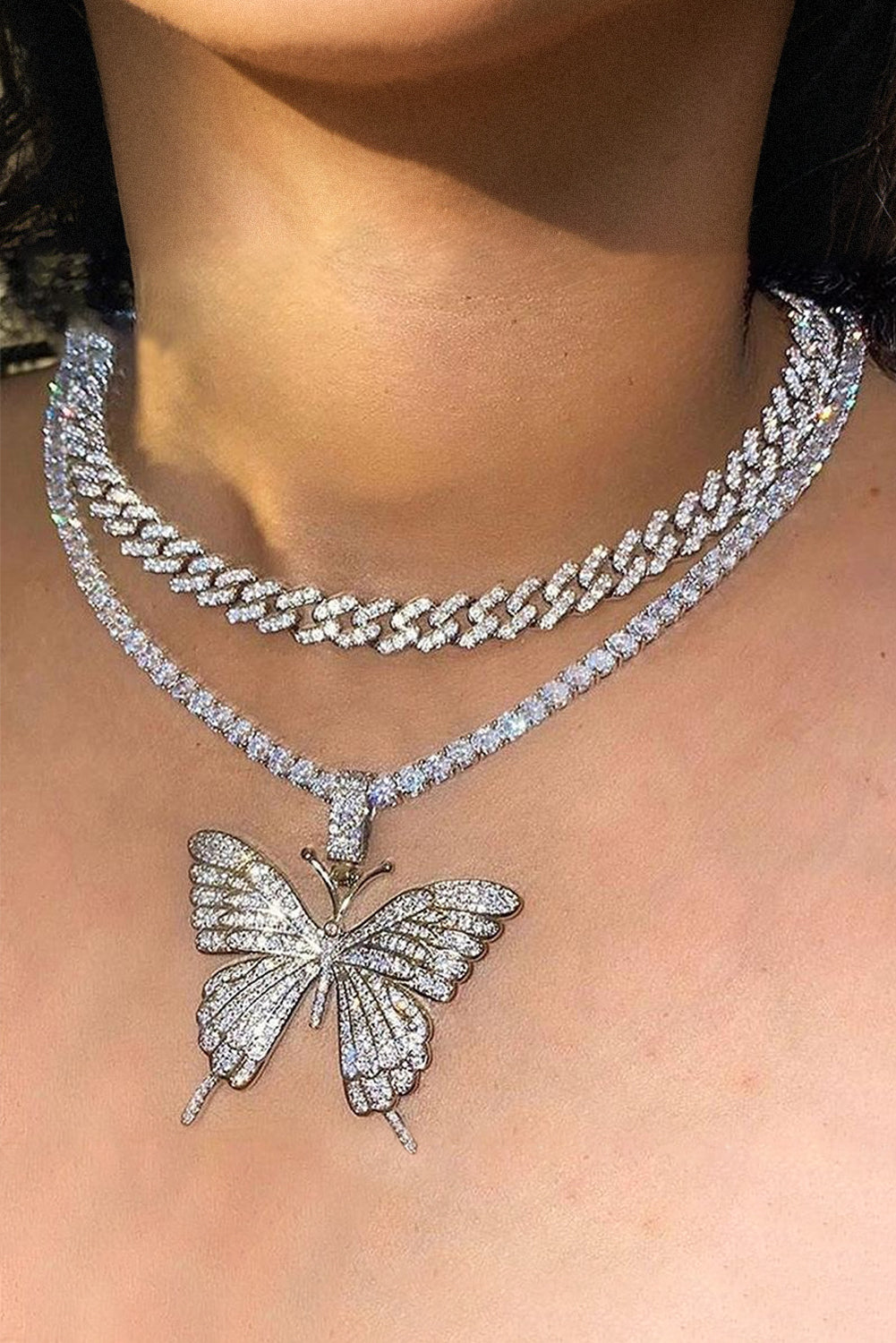 Silvery Butterfly Pendant Rhinestone Necklace Jewelry JT's Designer Fashion