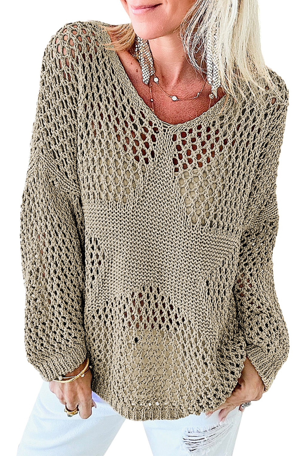 Light French Beige Star Pointelle Knit Baggy Sweater Sweaters & Cardigans JT's Designer Fashion