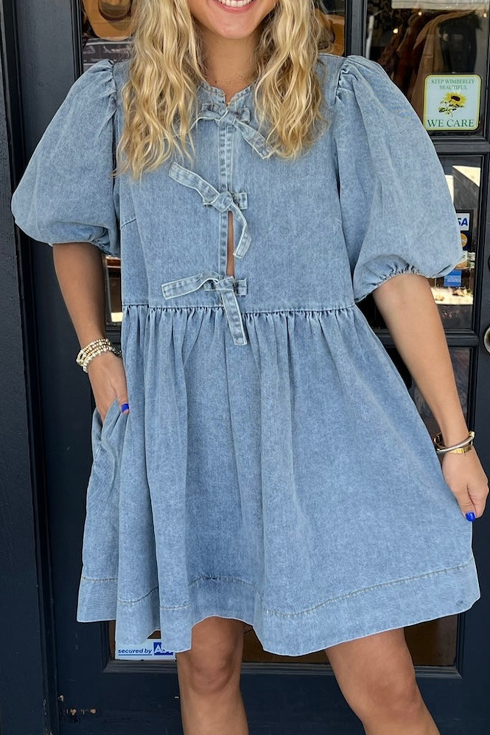 Dusk Blue Bowknot Bubble Sleeve Short Denim Dress Mini Dresses JT's Designer Fashion