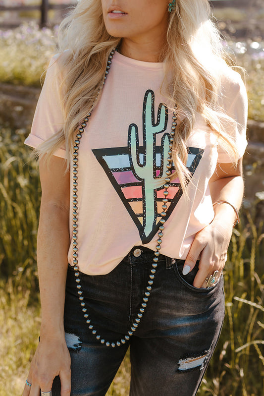 Pink Western Cactus Color Block Graphic T-shirt Pink 95%Polyester+5%Spandex Graphic Tees JT's Designer Fashion