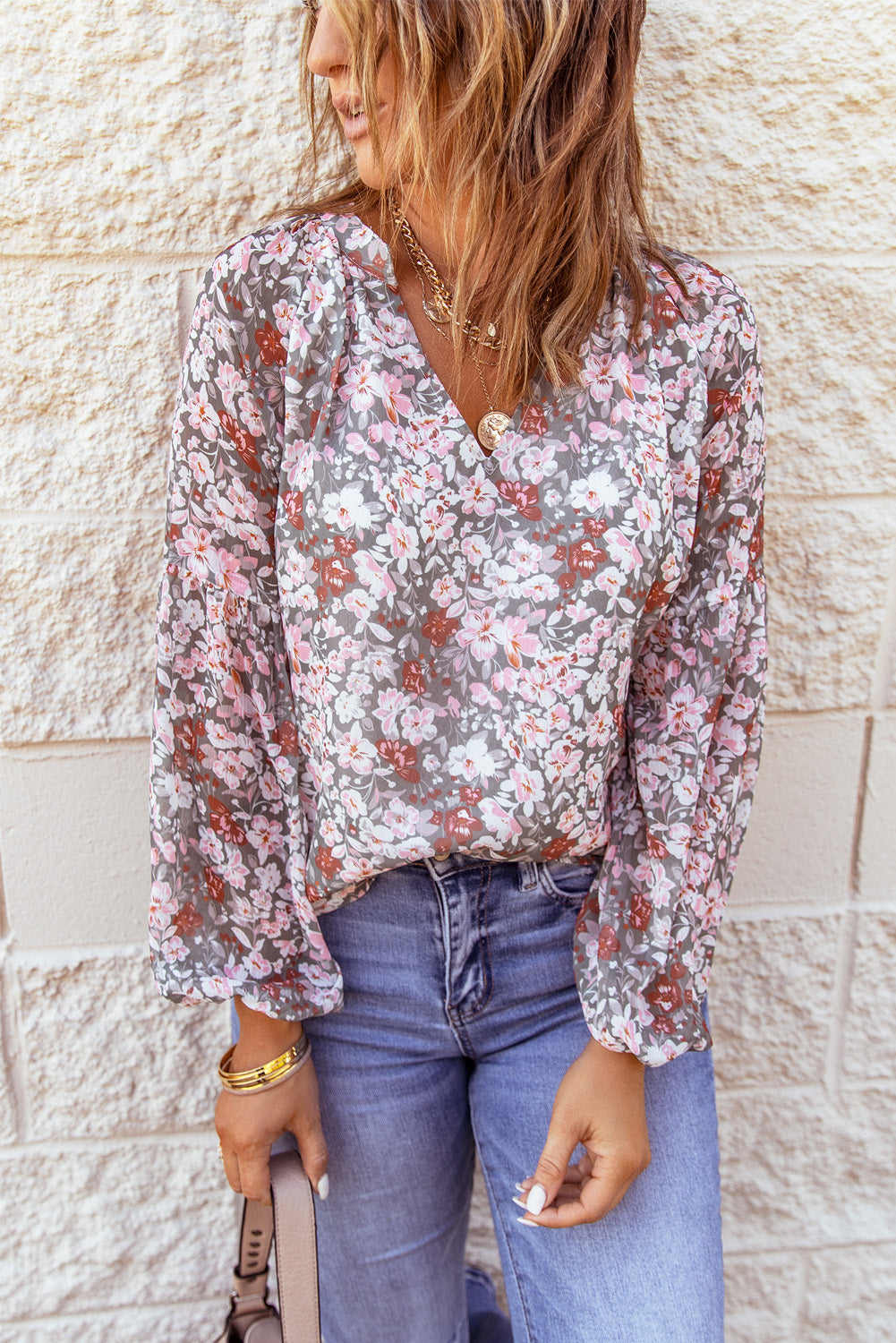 Multicolor Floral Print V Neck Long Puff Sleeve Top Blouses & Shirts JT's Designer Fashion