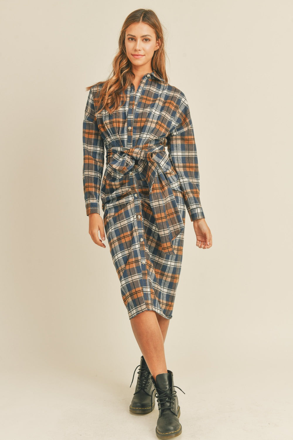 Plaid Flannel Front Tie Button Down Shirt Dress T Shirt Dresses JT's Designer Fashion