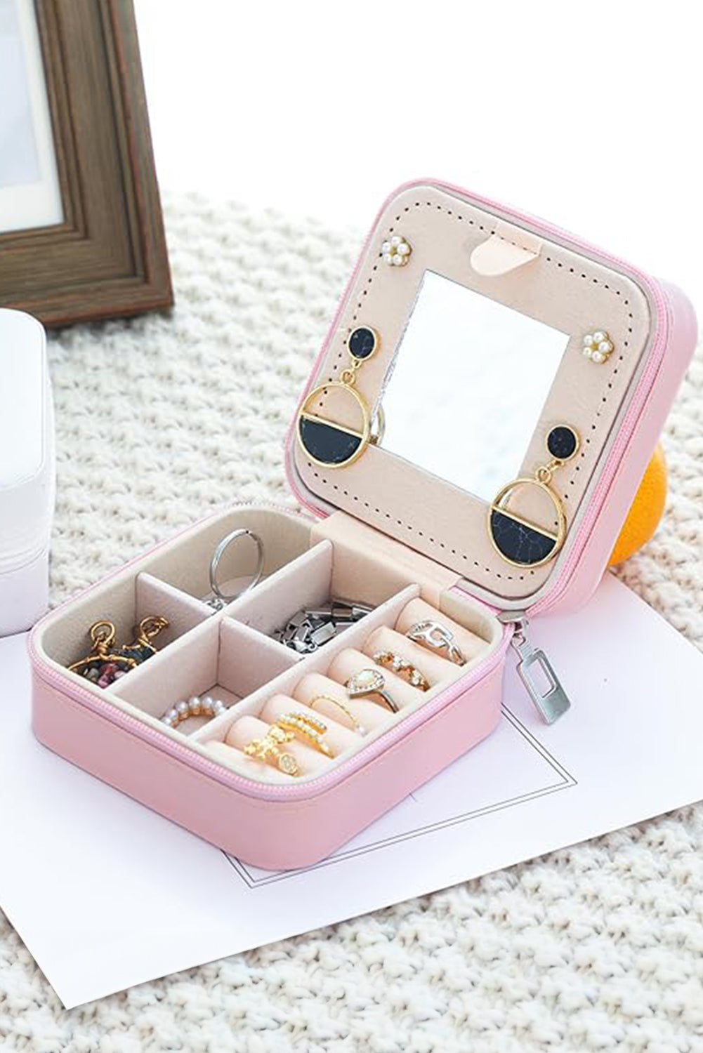 Pink Chenille Letter Square Jewelry Case with Mirror Other Accessories JT's Designer Fashion