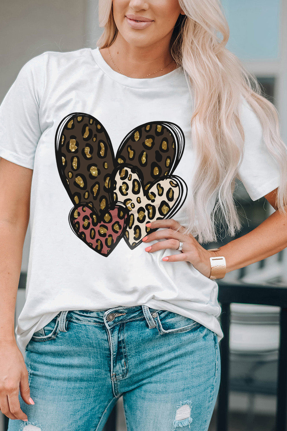 White Leopard Heart Shaped Print Graphic Tee Graphic Tees JT's Designer Fashion