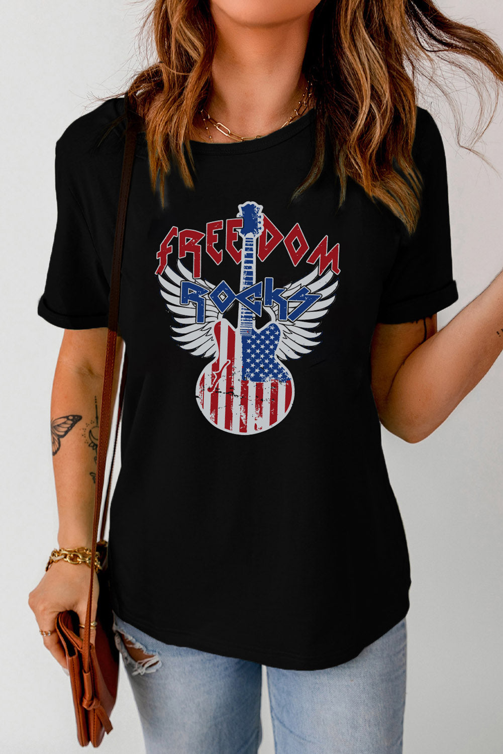 Black American Flag Guitar Print Crew Neck Tee Graphic Tees JT's Designer Fashion