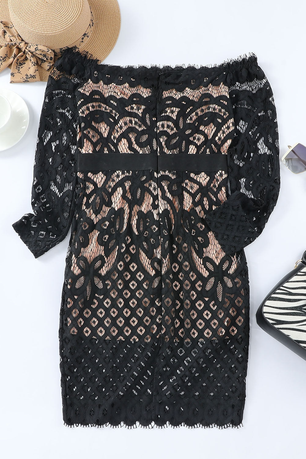 Off-Shoulder Long Sleeve Lace Dress Mini Dresses JT's Designer Fashion