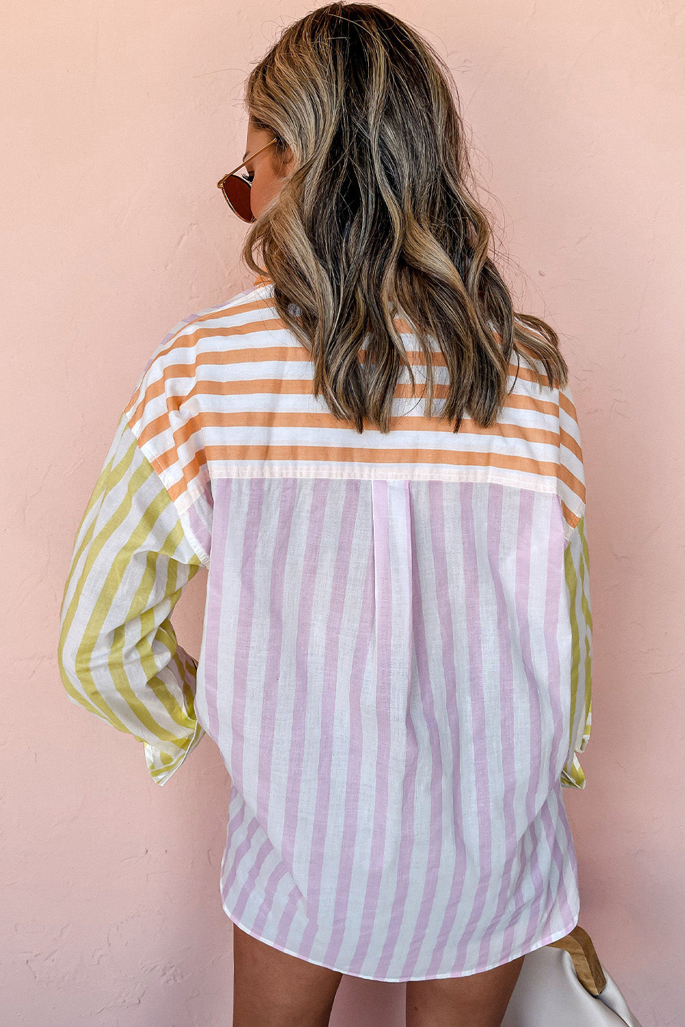 Pink Stripe Contrast Collar Long Sleeve Patchwork Shirt Tops & Tees JT's Designer Fashion