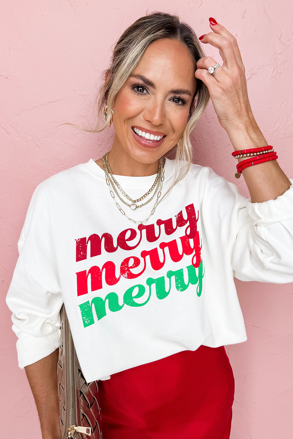 Beige merry merry merry Printed Christmas Sweatshirt Graphic Sweatshirts JT's Designer Fashion