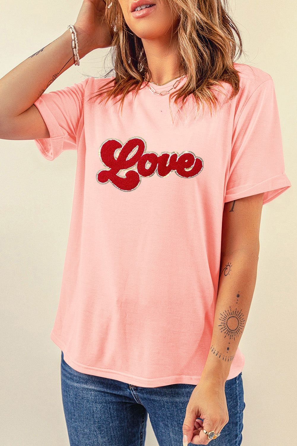 Pink Chenille Love Patched Pattern Round Neck Valentines T Shirt Graphic Tees JT's Designer Fashion