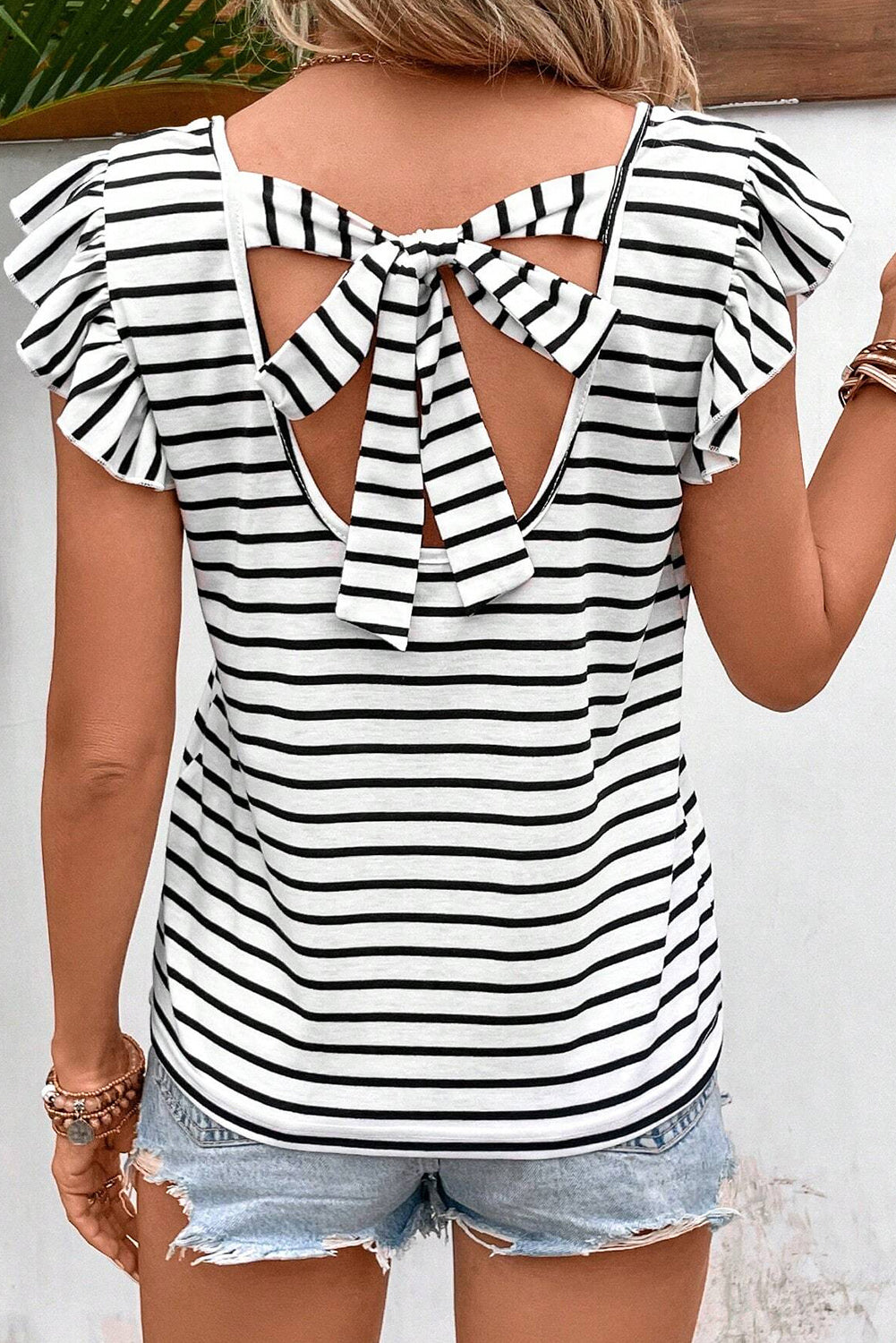 White Stripe Ruffled Sleeve V Neck Hollowed Knot Back T Shirt Tops & Tees JT's Designer Fashion