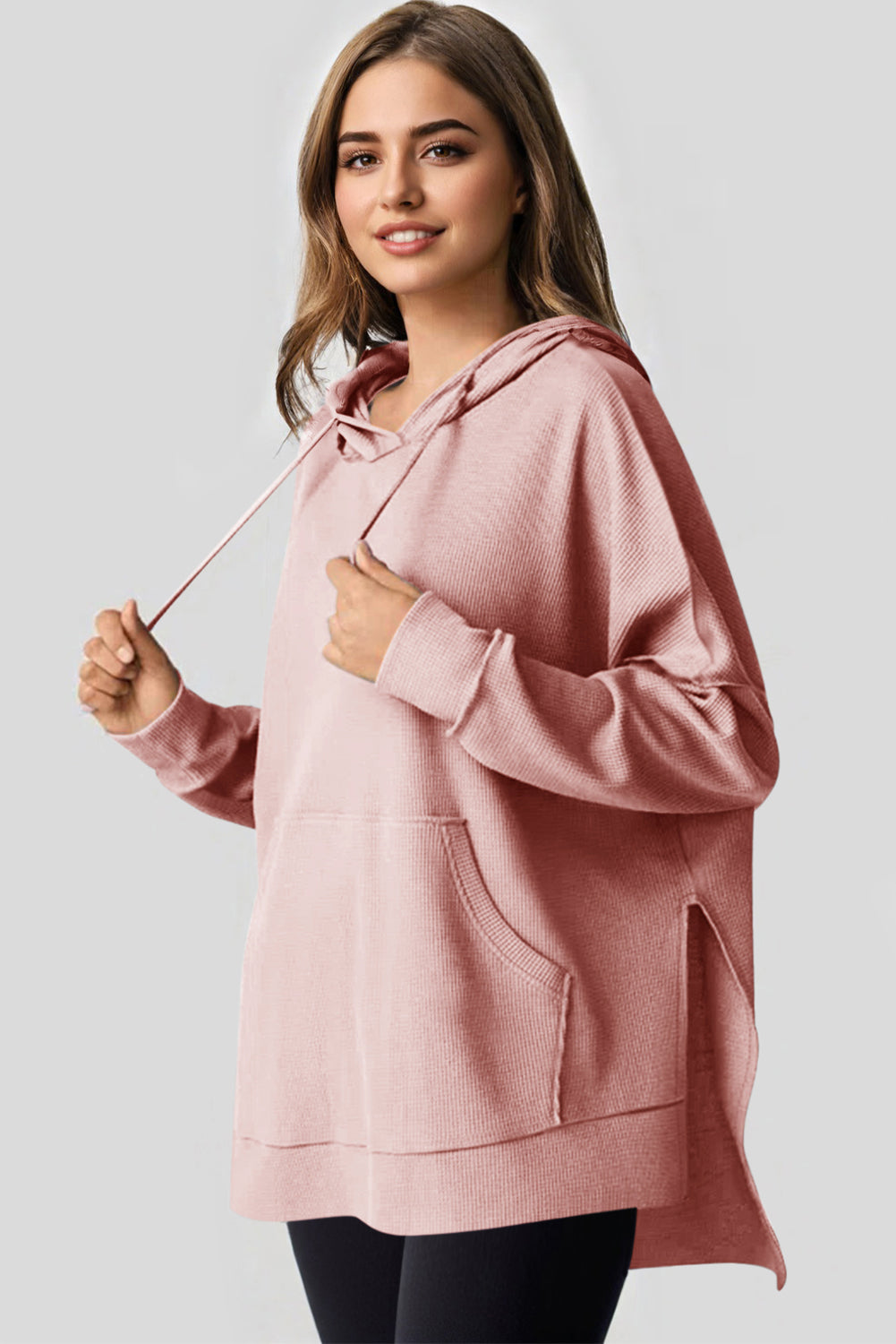 Light Pink Waffle Knit Fleece Lined High Low Oversized Hoodie Sweatshirts & Hoodies JT's Designer Fashion