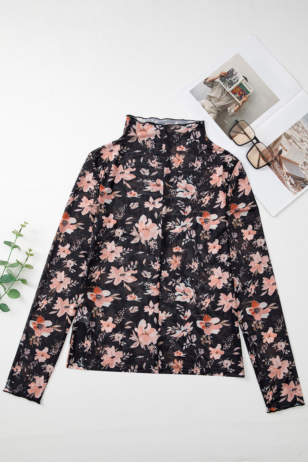 Black Floral Mesh Mock Neck Long Sleeve Slim Fit Top Long Sleeve Tops JT's Designer Fashion