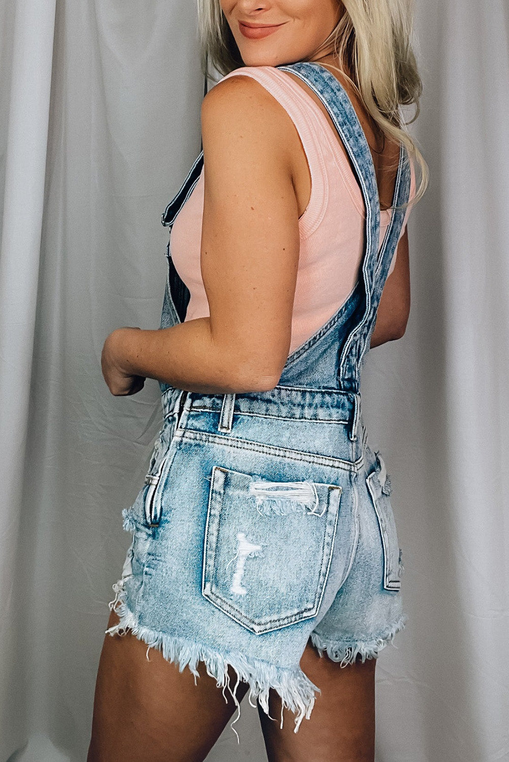 Light Blue Pocketed Distressed Shorts Denim Overalls Pre Order Bottoms JT's Designer Fashion