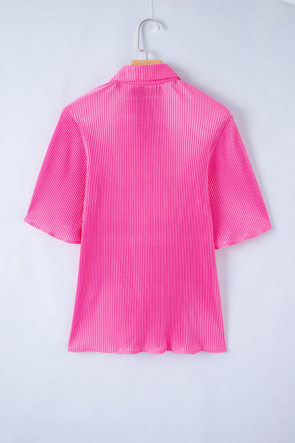 Bright Pink Satin Pleated Short Sleeve Shirt Blouses & Shirts JT's Designer Fashion