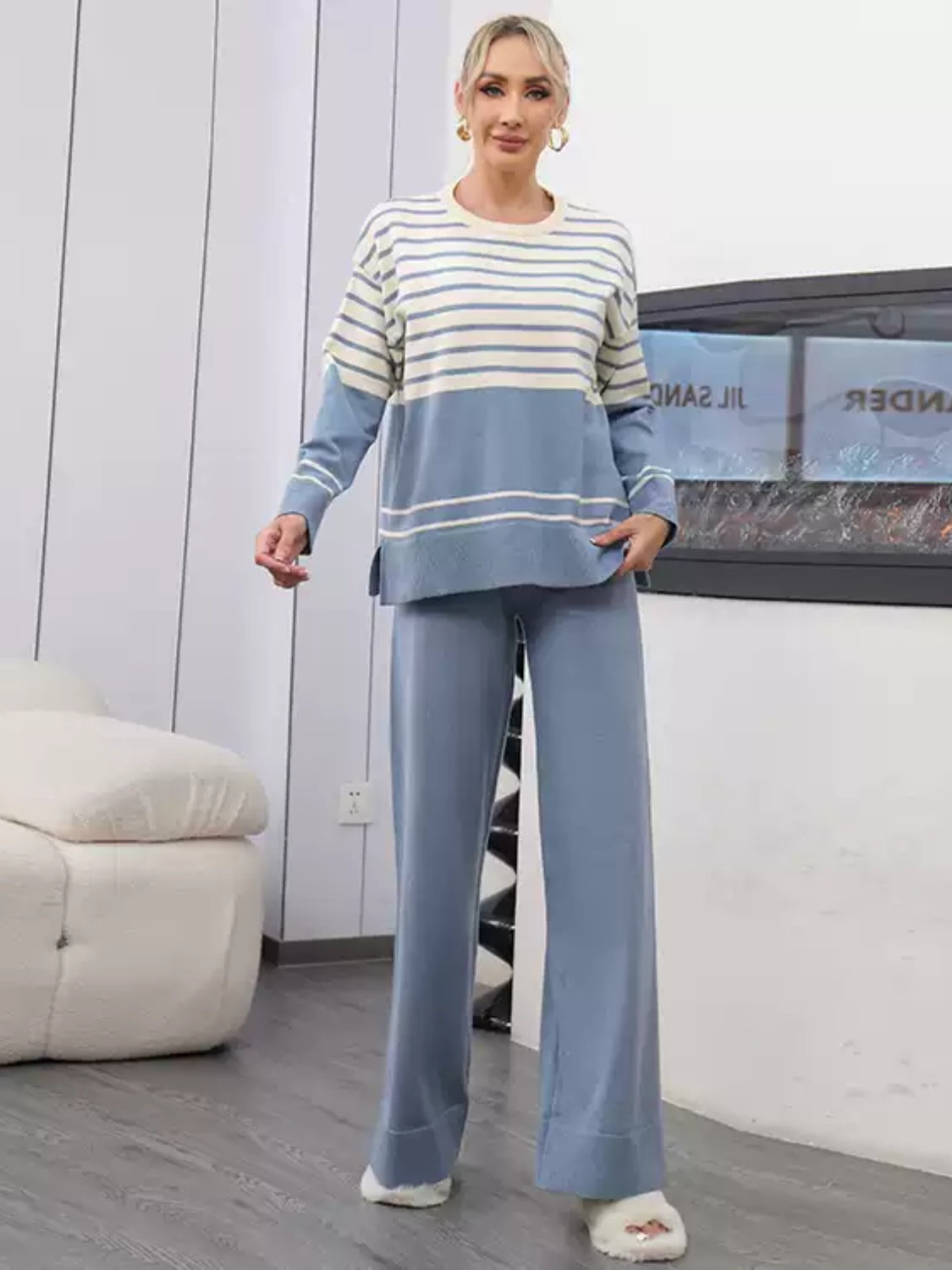 Striped Round Neck Long Sleeve Top and Pants Sweater Set Dusty Blue One Size Pant Sets JT's Designer Fashion