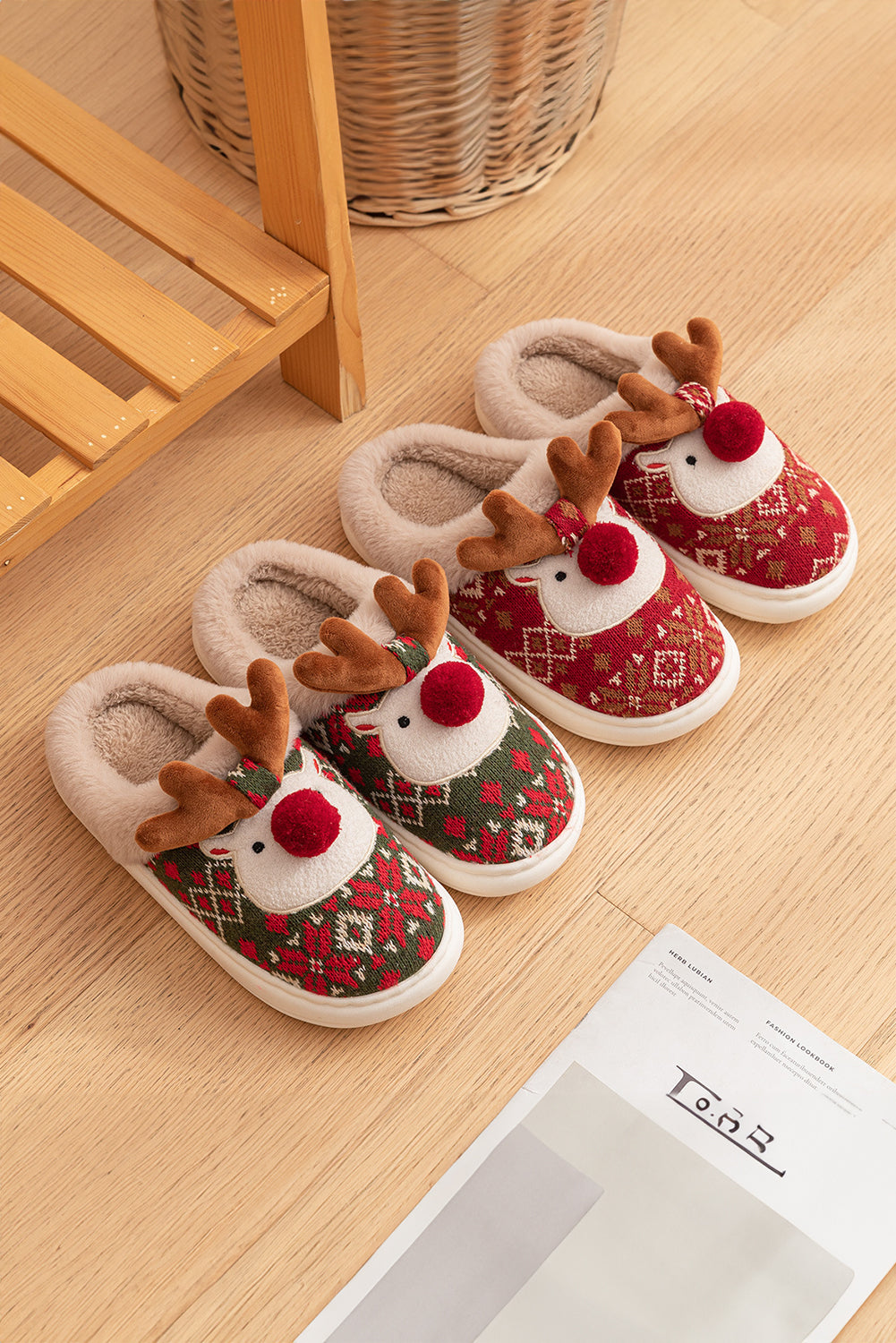 Dark Green Christmas Cartoon Reindeer Plush Home Slippers Slippers JT's Designer Fashion