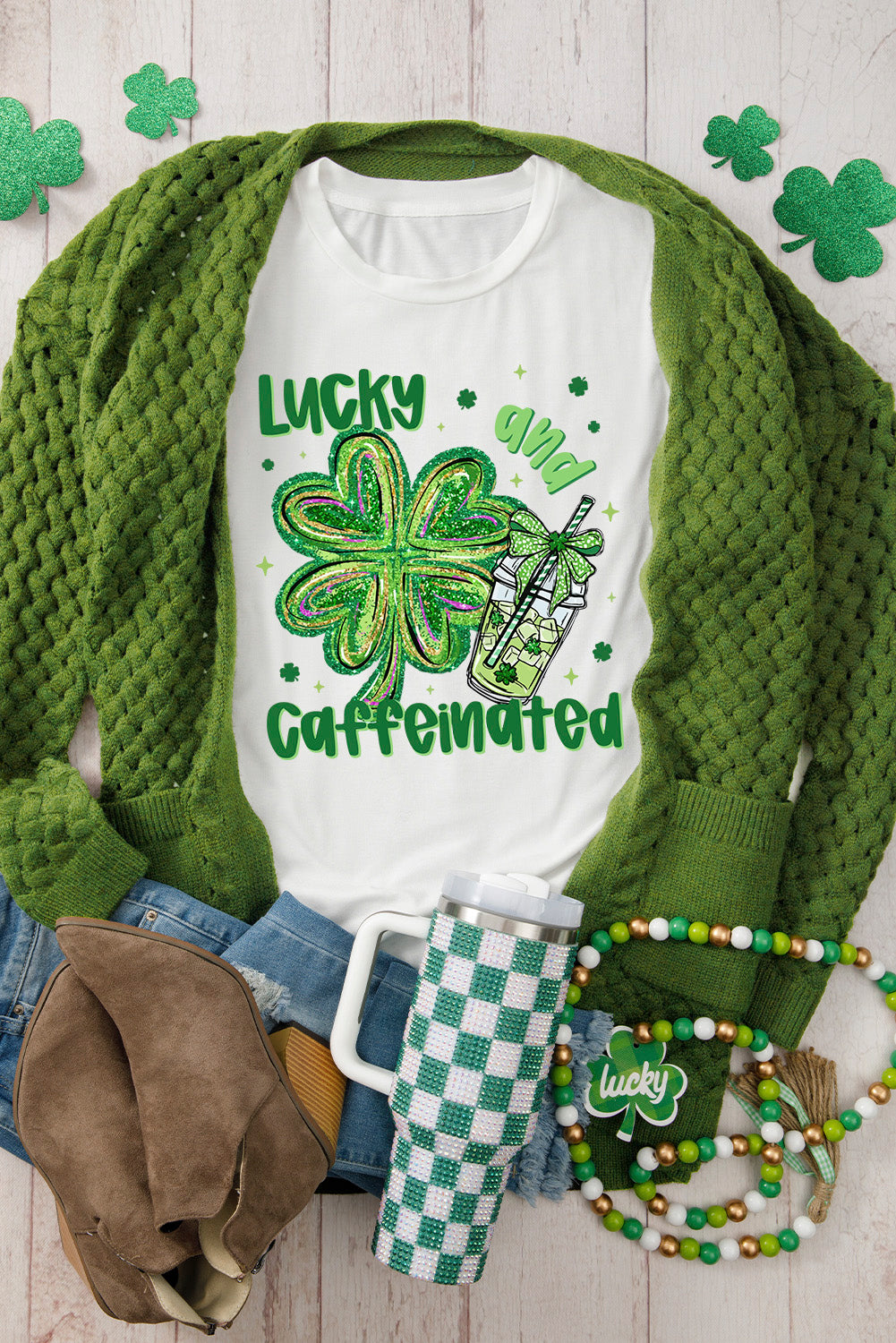 White Lucky and Caffeinated Clover Graphic St Patrick Tee Graphic Tees JT's Designer Fashion