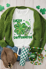 White Lucky and Caffeinated Clover Graphic St Patrick Tee Graphic Tees JT's Designer Fashion