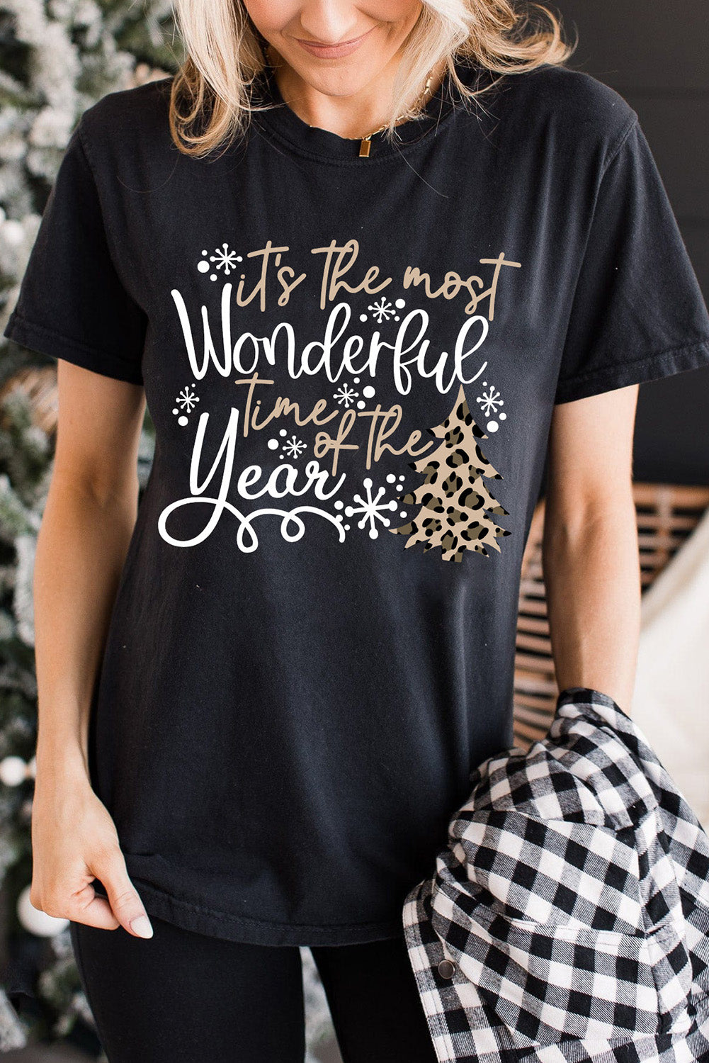 Black Wonderful Christmas Season Leopard Graphic Tee Graphic Tees JT's Designer Fashion