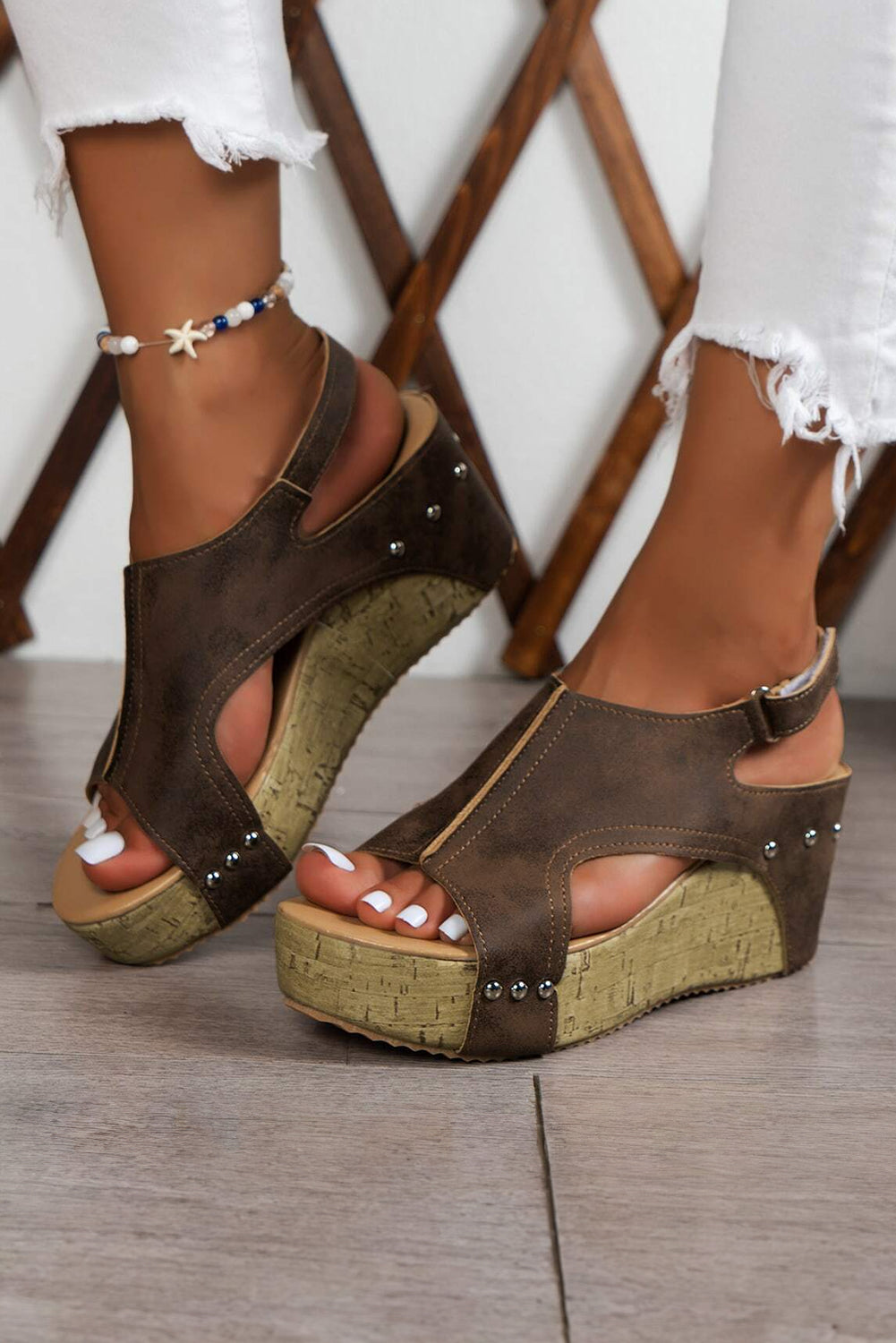 Chestnut Suede Patched Studded Cut Out Wedge Sandals Sandals JT's Designer Fashion