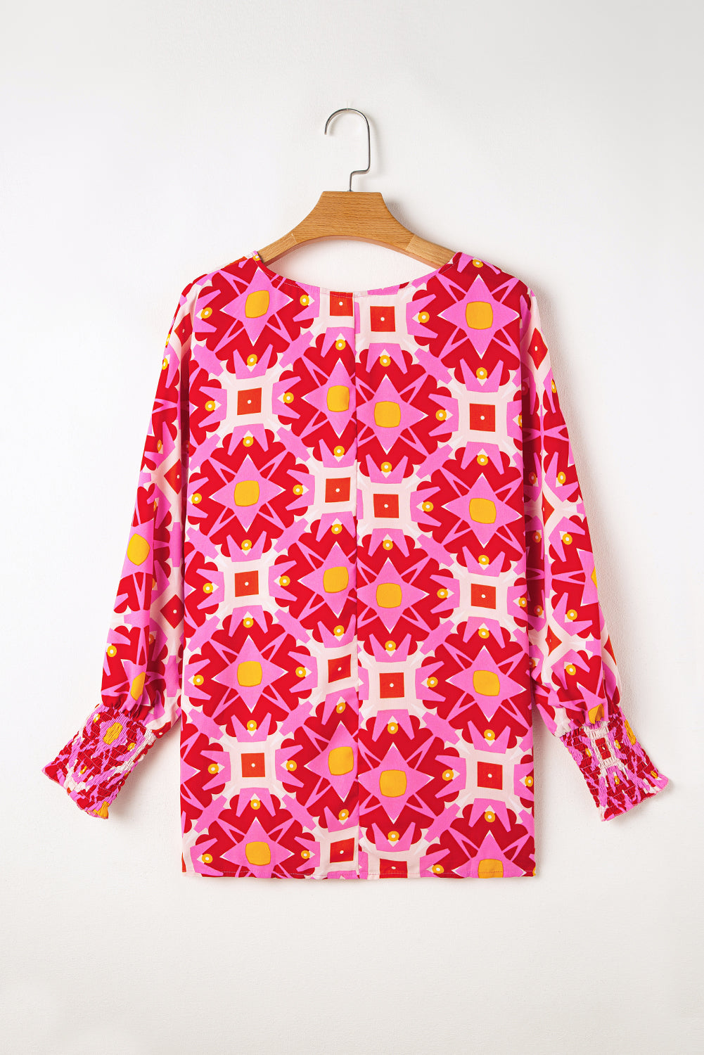 Strawberry Pink Geometric Print Shirred Cuff 3/4 Sleeve Loose Blouse Blouses & Shirts JT's Designer Fashion