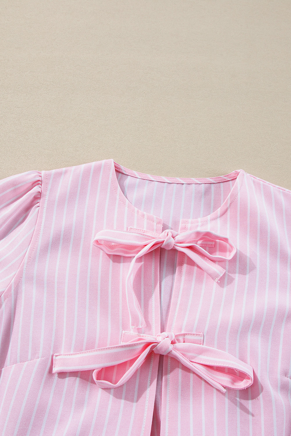 Pink Stripe Bowknot Front Crew Neck Puff Sleeve Blouse Blouses & Shirts JT's Designer Fashion