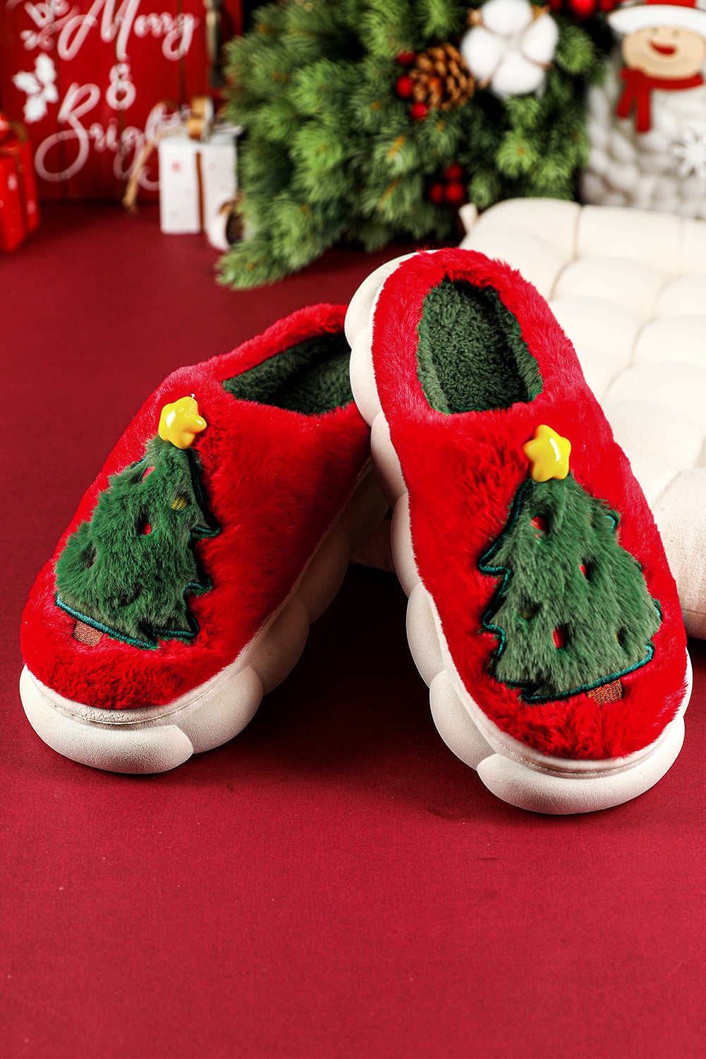 Fiery Red Christmas Tree Graphic Thick Sole Plush Slippers Slippers JT's Designer Fashion