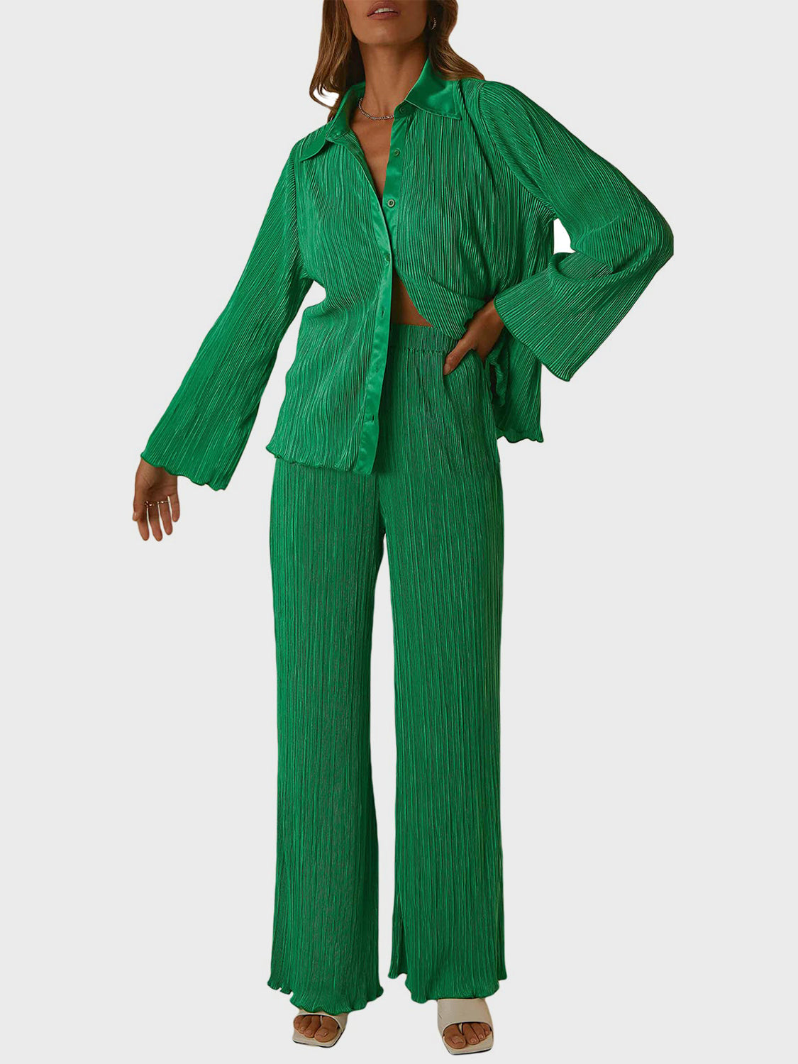 Collared Neck Long Sleeve Top and Pants Lounge Set Dark Green Sleepwear JT's Designer Fashion