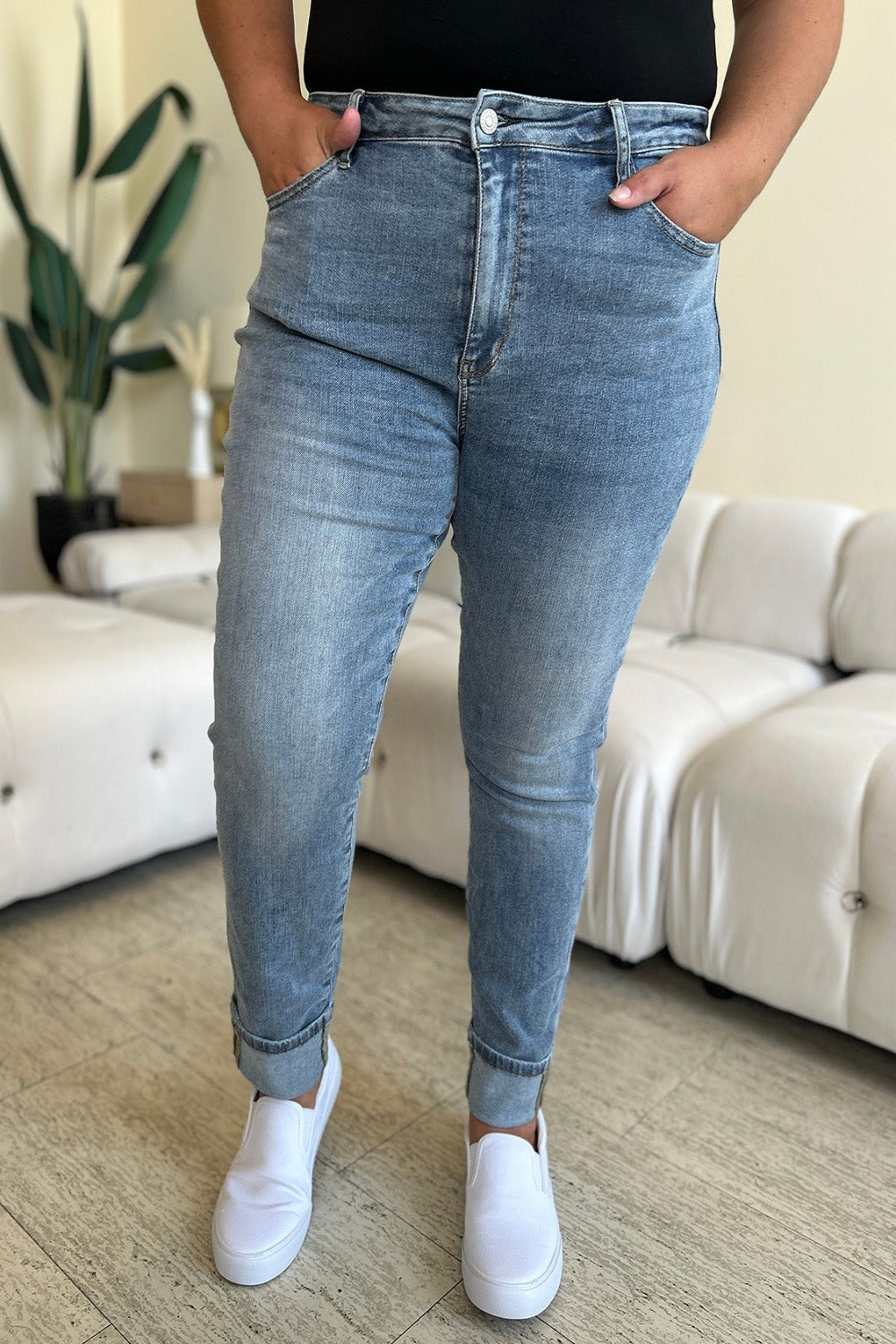 Judy Blue Full Size High Waist Cuff Hem Skinny Jeans Medium Skinny Jeans JT's Designer Fashion
