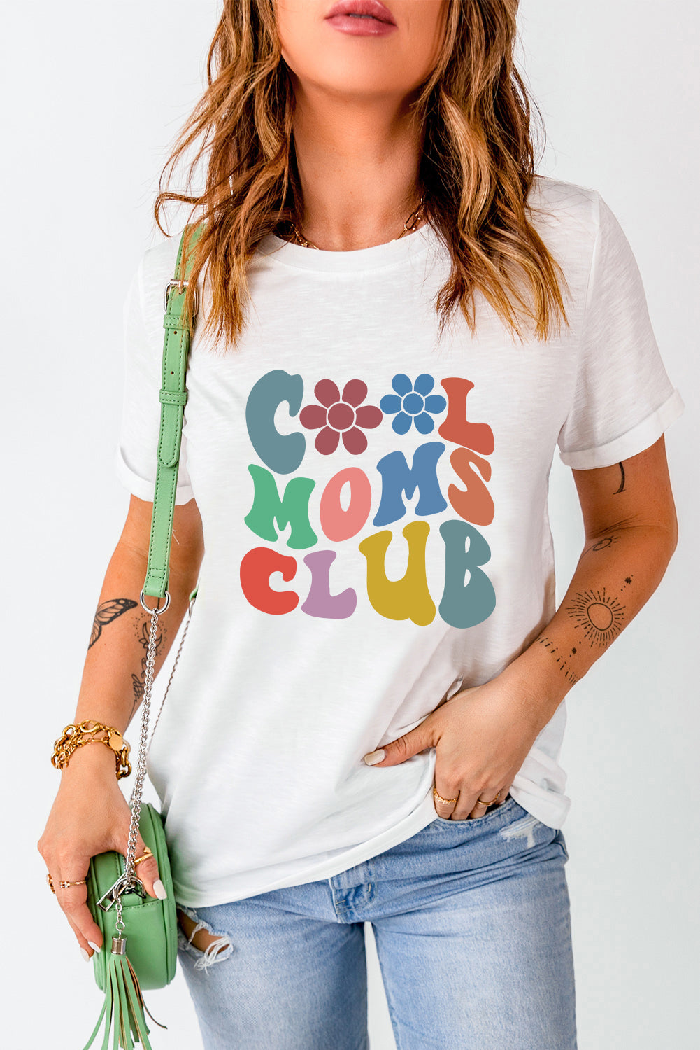 White COOL MOMS CLUB Flower Print Crew Neck T Shirt Graphic Tees JT's Designer Fashion