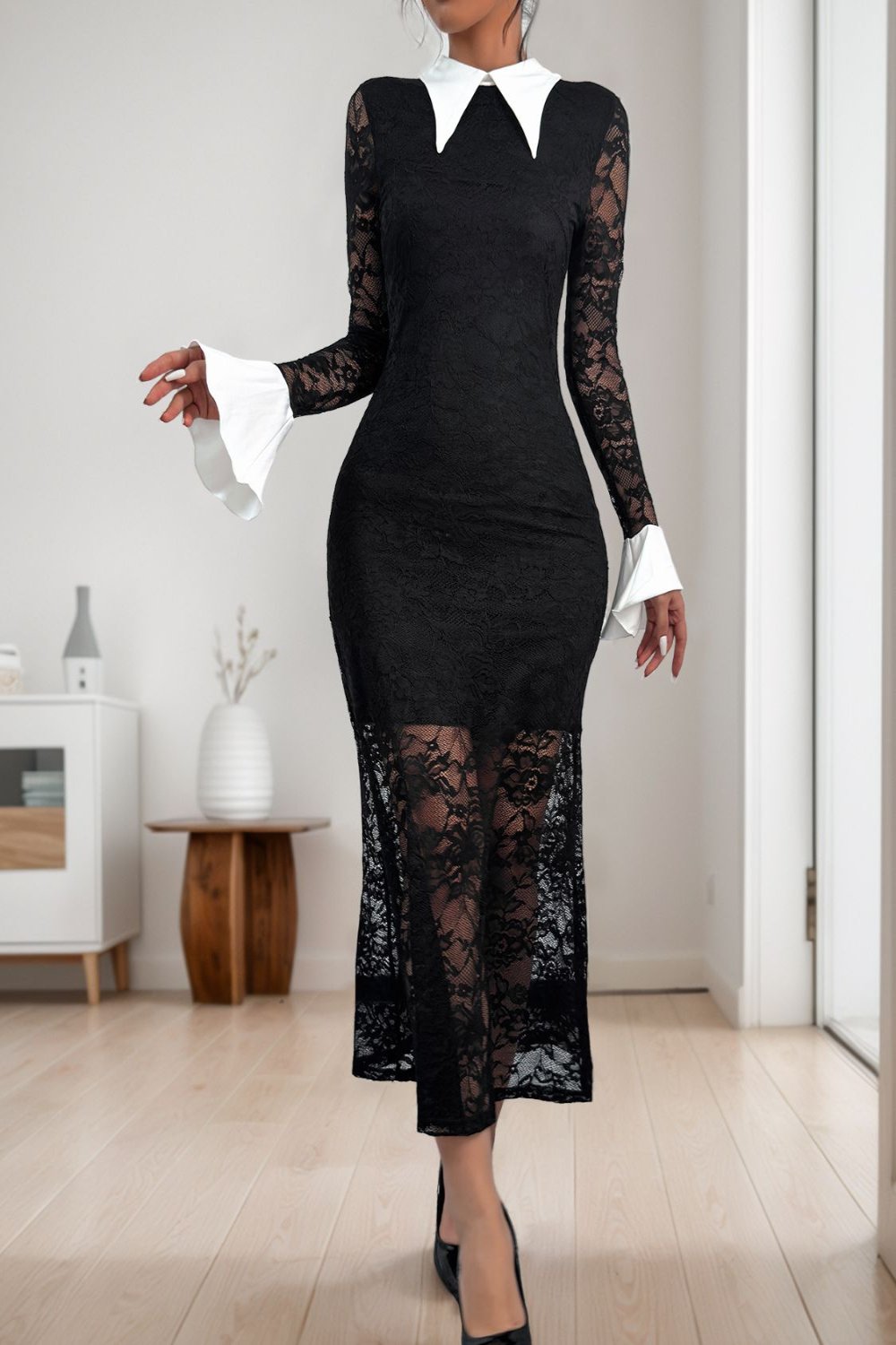 Perfee Lace Contrast Collared Neck Long Sleeve Midi Dress Black Midi Dresses JT's Designer Fashion