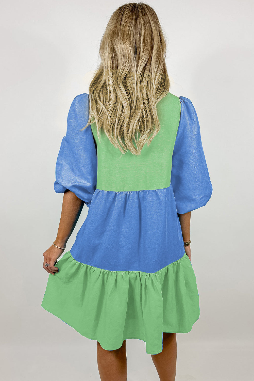 Dark Blue Colorblock Frilled V Neck Puff Half Sleeve Shift Dress Mini Dresses JT's Designer Fashion