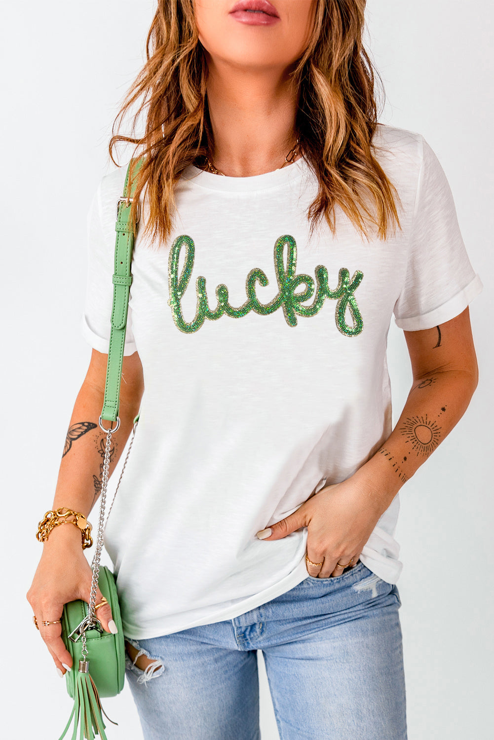White Sequined Lucky St.Patricks Day Graphic Tee Graphic Tees JT's Designer Fashion