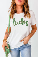 White Sequined Lucky St.Patricks Day Graphic Tee Graphic Tees JT's Designer Fashion
