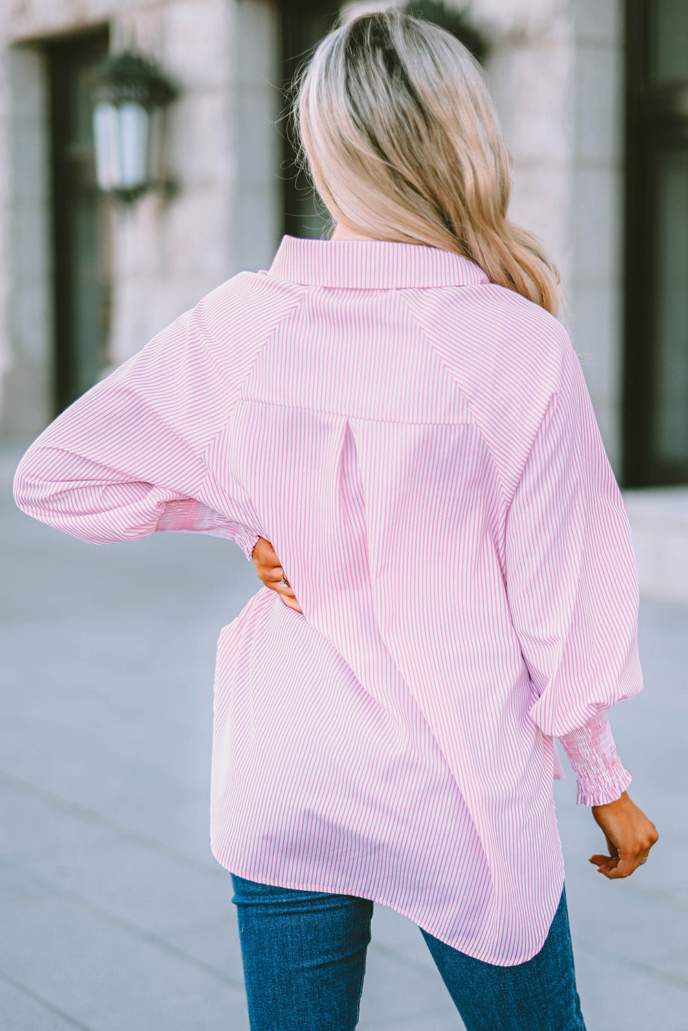 Pink Smocked Cuffed Striped Boyfriend Shirt with Pocket Blouses & Shirts JT's Designer Fashion