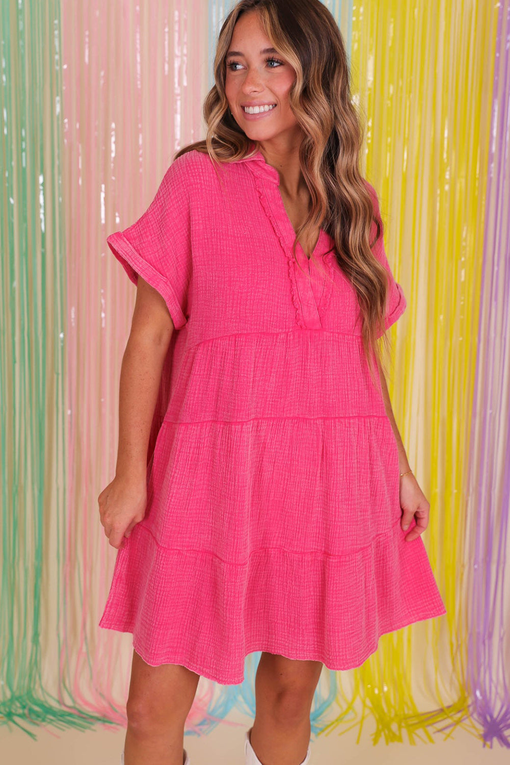 Strawberry Pink Mineral Wash Crinkle Split Neck Raw Hem Tiered Dress Dresses JT's Designer Fashion