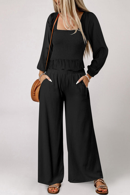 Black Square Neck Smocked Peplum Top and Pants Set Pant Sets JT's Designer Fashion