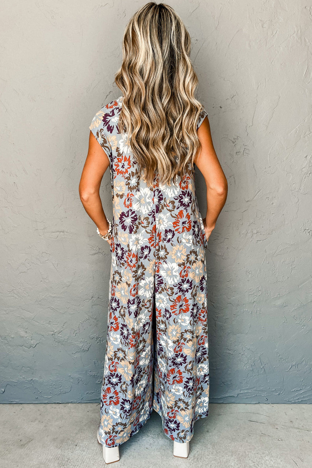 Sky Blue Floral Sleeveless Buttoned Pocketed Wide Leg Jumpsuit Jumpsuits & Rompers JT's Designer Fashion