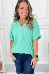 Mint Green Corded Button V Neck Raglan Sleeve T Shirt Pre Order Tops JT's Designer Fashion