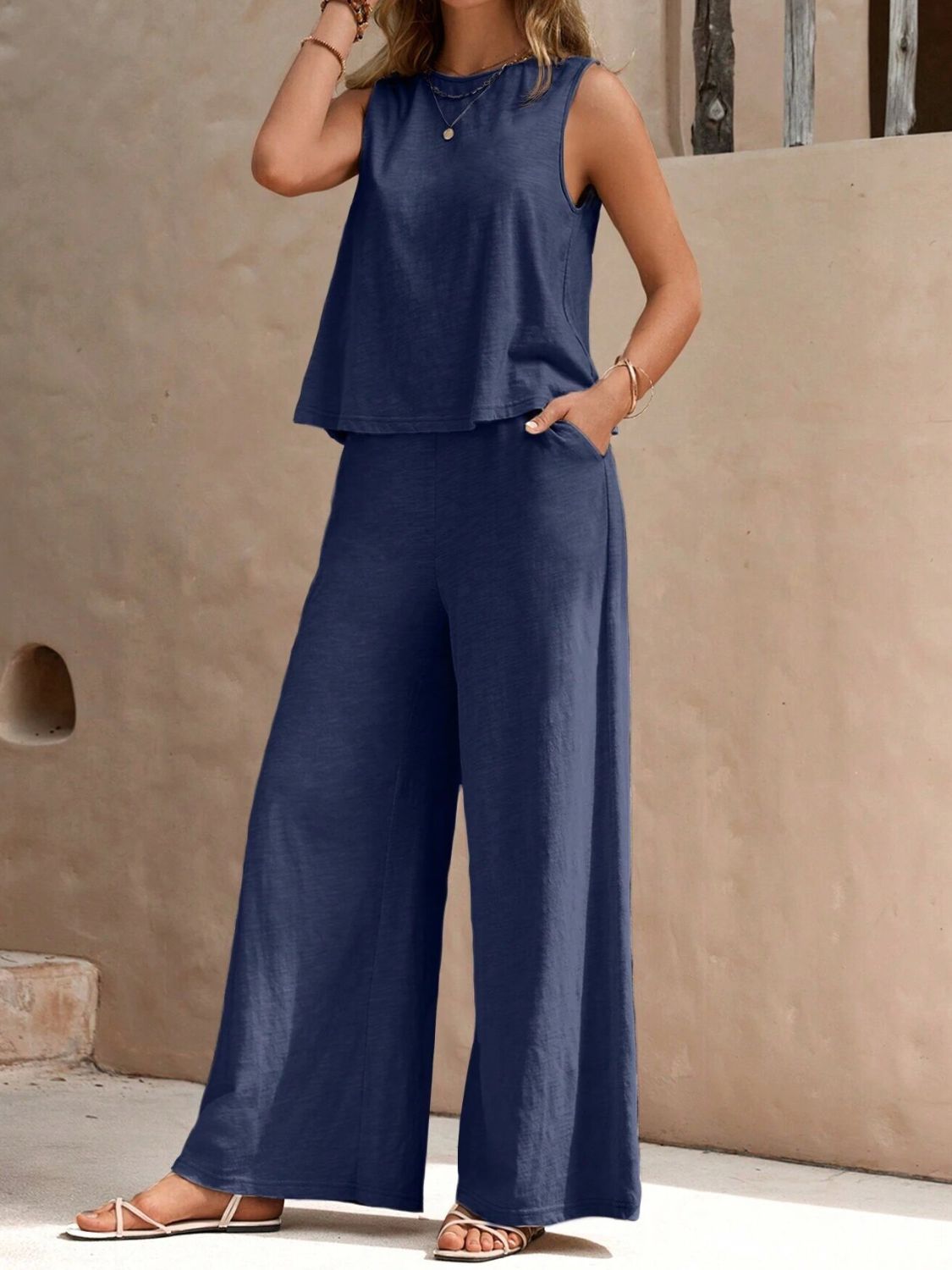 Round Neck Sleeveless Top and Wide Leg Pants Set Dusty Blue Pant Sets JT's Designer Fashion