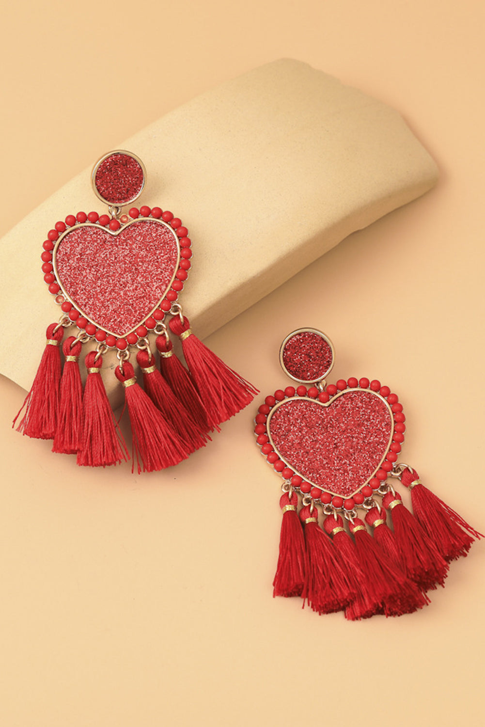 Racing Red Heart Shape Tasseled Dangle Earrings Jewelry JT's Designer Fashion
